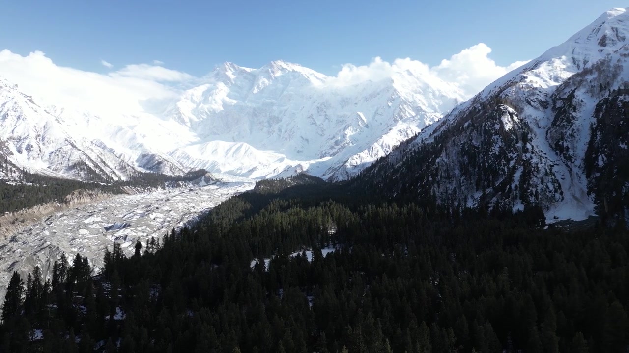 Aerial view of Fairy Meadows Base Camp in Hunza Valley, Pakistan, showcasing the majestic snow-capped Himalayan peaks and alpine landscape