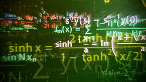 Typography-animation.-Presentation-of-the-colorful-mathematical-formulas-with-symbols,-numbers,-and-letters-writing-on-a-dark-background.-The-camera-slowly-moves-down.-Perfect-for-teaching-purposes.