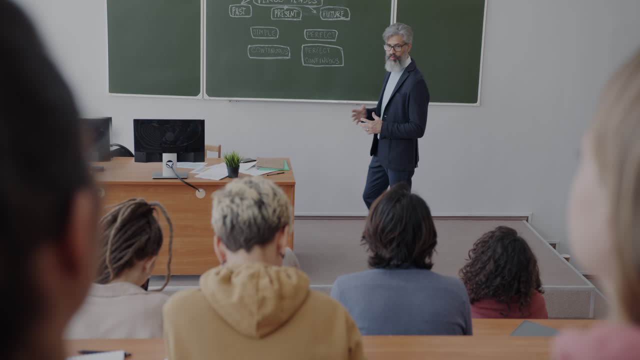 Teacher Presenting Verb Tenses in a Classroom