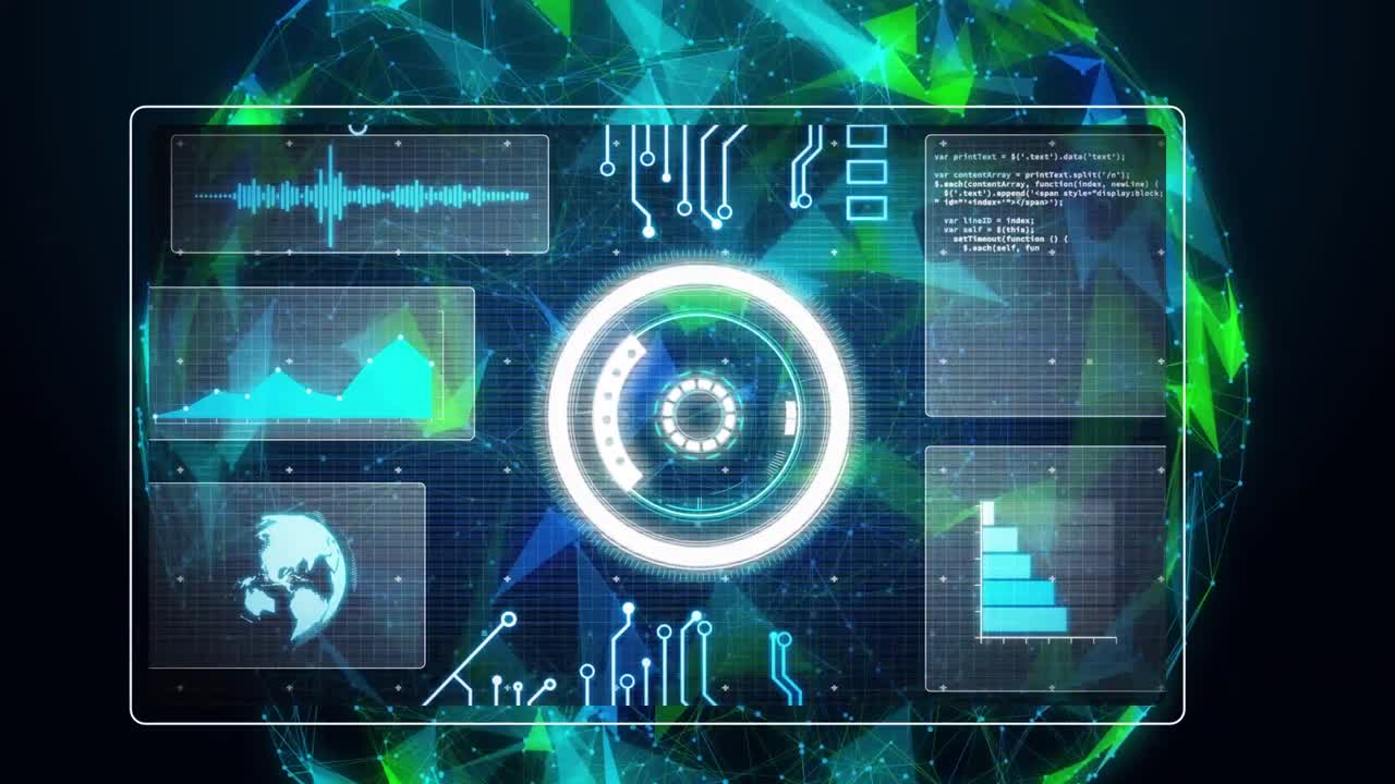 animación del procesamiento de datos con escaneo de alcance sobre el globo de conexiones en fondo negro.
