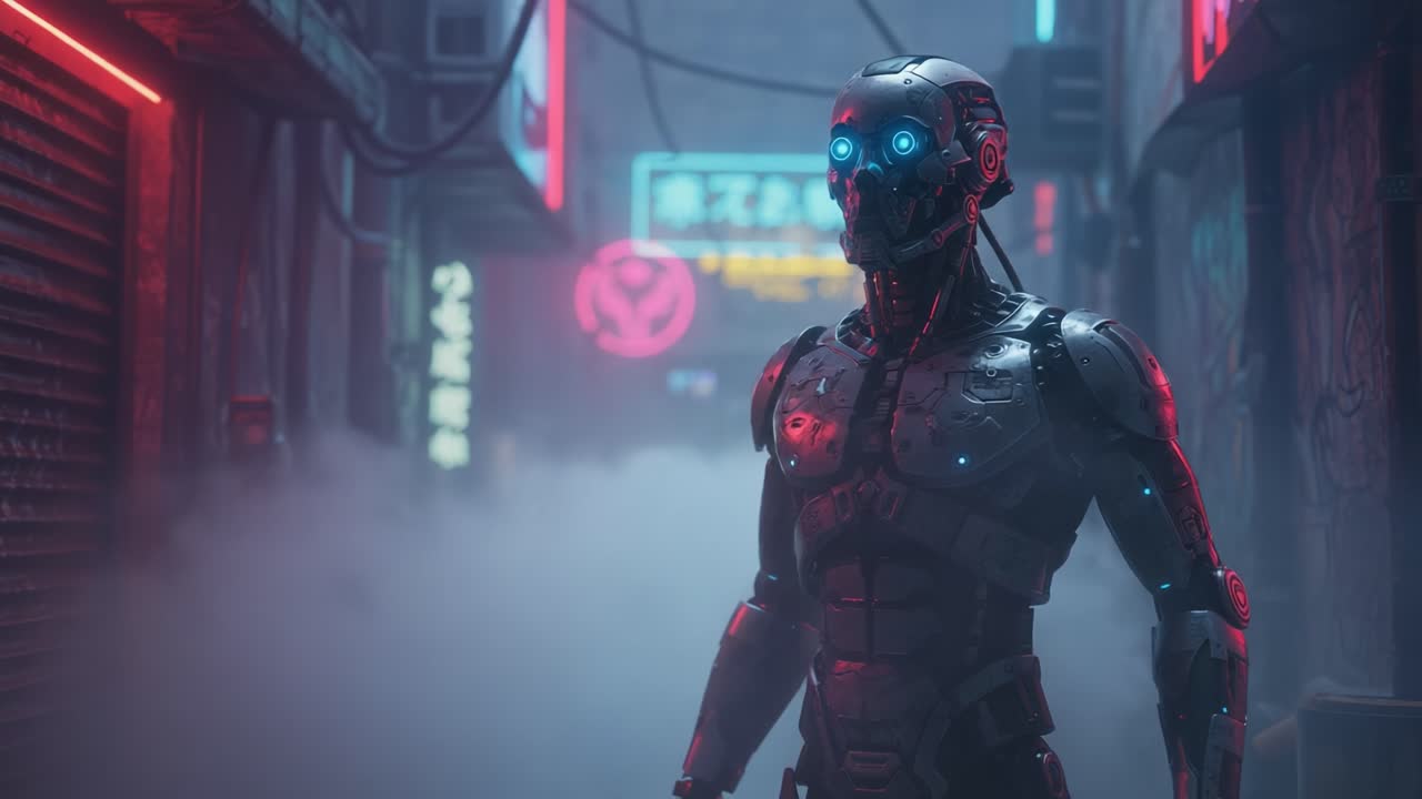 A Futuristic Robotic Sentinel Stands Vigilant in a Neon-Drenched Urban Alleyway, Shrouded in Mysterious Fog and Bathed in Striking Illuminated Colors