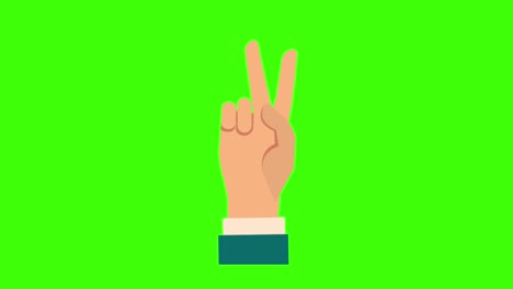 colorful simple animation of a human hand showing a peace sign isolated on a green screen in 4k