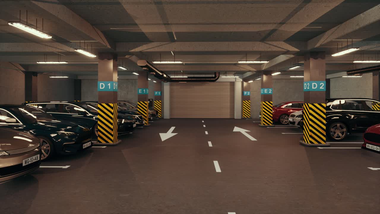 Underground parking with cars. Modern underground parking. Indoor full modern parking