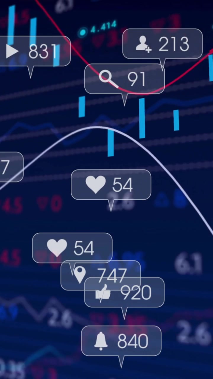 Animation overlaying social media notifications on financial charts in school setting