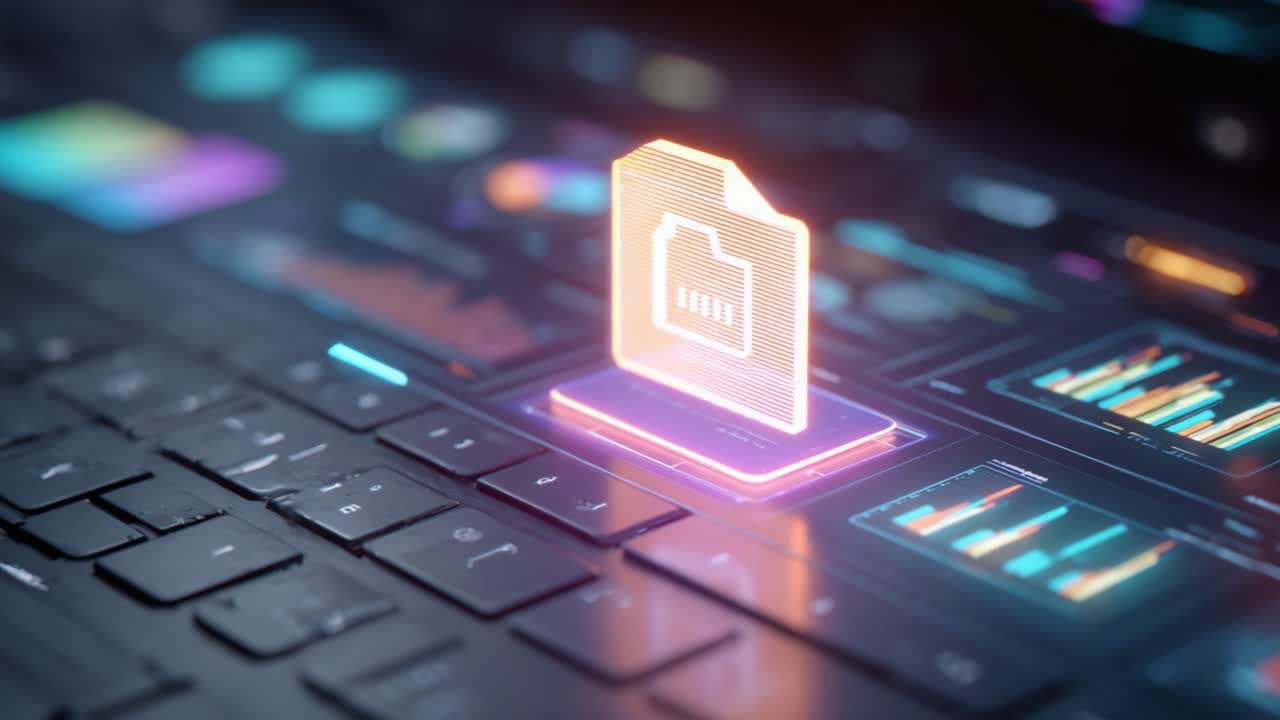 An Engaging Visual Representation of Data Management: A Glimpse into a High-Tech Keyboard Interface Showcasing a Digital Folder Icon Enhanced with Colorful Analytics Displays