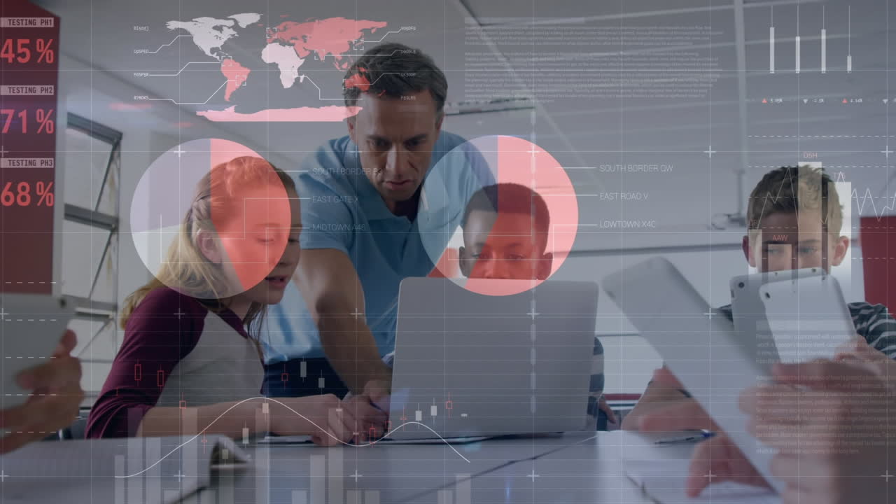 animación del procesamiento de datos en diversos estudiantes que usan computadoras portátiles