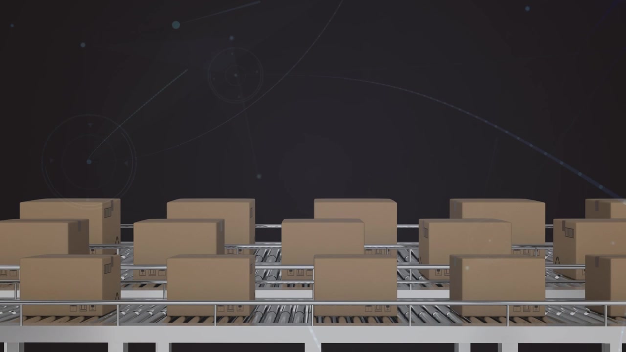 Animation of network of connections over boxes on conveyor belt