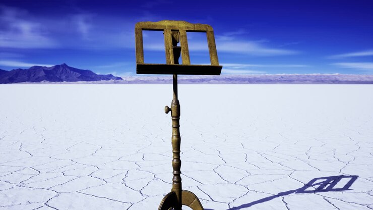 Rilievi si ergono su un vasto paesaggio di saline sotto un cielo luminoso