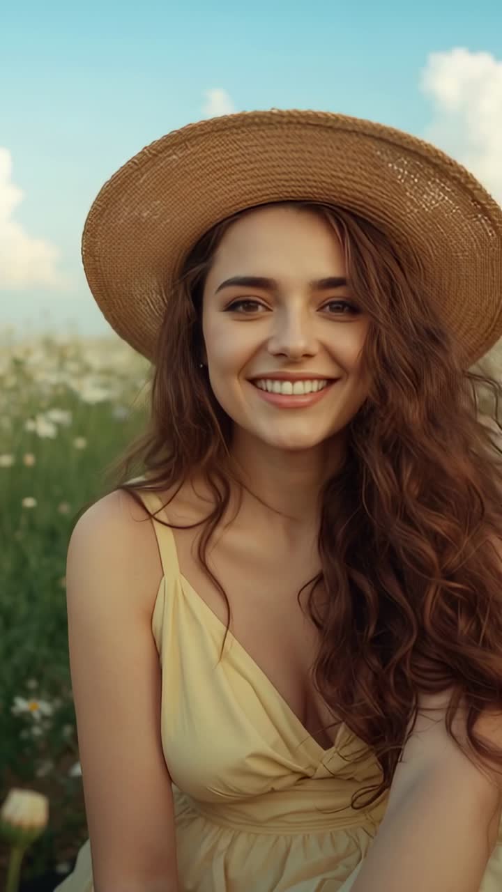 Vertical video: Camera focusing woman wearing straw sun hat yellow dress smiling blinking in meadow