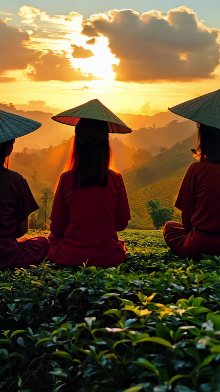 Sunset Meditation by the Rice Terraces in Bali With Traditional Hats. Three individuals in traditional hats enjoy a peaceful sunset among lush rice terraces in Bali