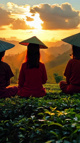 sunset meditation by the rice terraces in bali with traditional hats. three individuals in traditional hats enjoy a peaceful sunset among lush rice terraces in bali