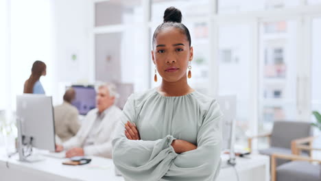 Mujer,-Cara-O-Brazos-Cruzados-En-El-Espacio-De-Coworking.