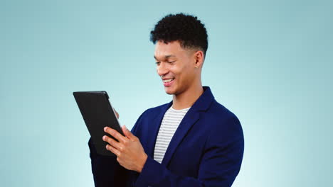 tablet, research and a happy business man