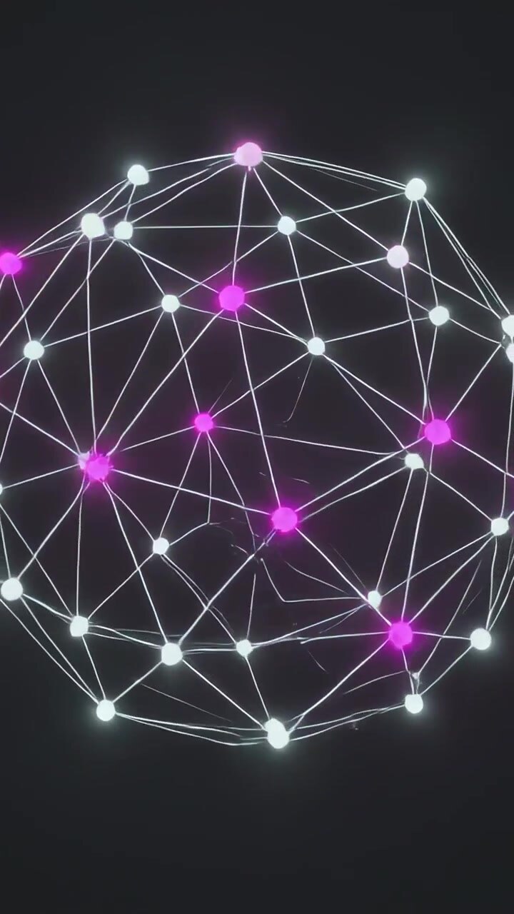 Video verticale: Griglia luminosa rotante in riproduzione, nodi magenta che si spostano nel buio, mostrando il flusso.