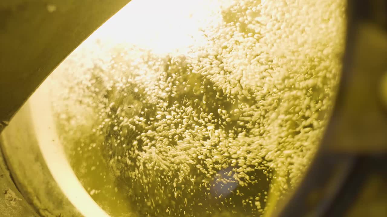 Primo piano della raffinazione di olio di palmisto in un condotto della macchina in fabbrica, Malesia