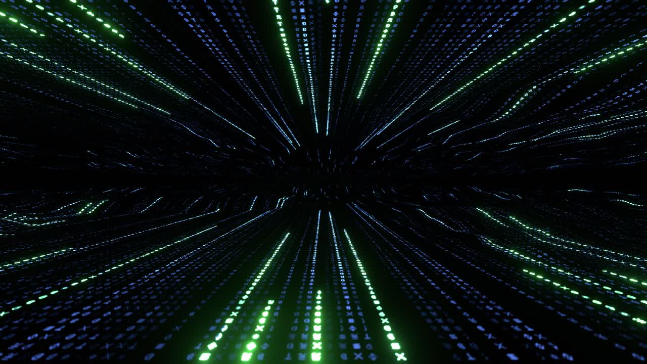 Graphic animation, matrix inspired seamless loop, crypto symbols data running in wave lines, concept of digital age, internet speeds, encrypted data transfer, algorithm, data scanning, virtual reality