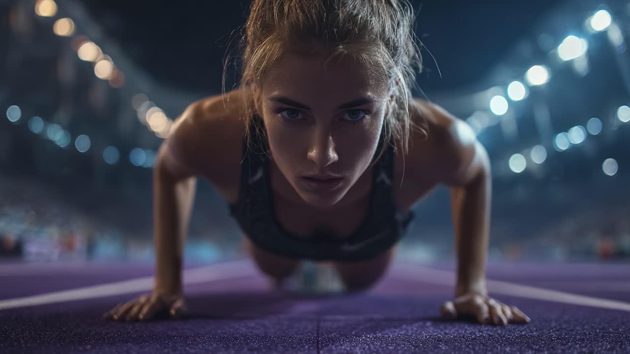 Focused Athlete Performing Push-Ups on a Purple Mat in a Dynamic Sports Environment, Showcasing Strength and Determination Under Dramatic Lighting