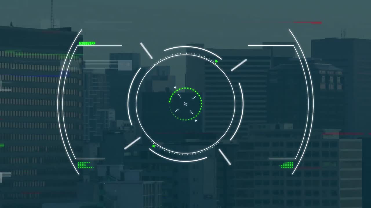 Animation of glitch effect against scope scanning over aerial view of cityscape