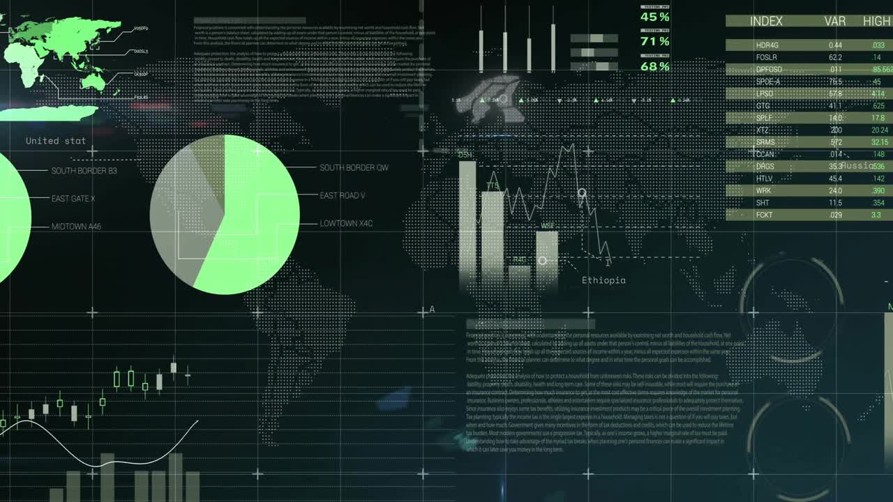 Dashboard launching multiple charts and tables as map grid background animating data initialization