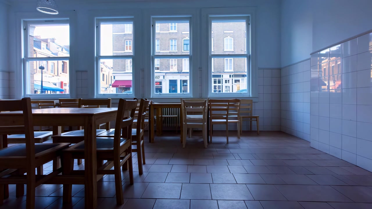 Dimly lit dining room with empty tables and chairs in the foreground, large windows along the back wall, and apartment buildings visible outside in cool