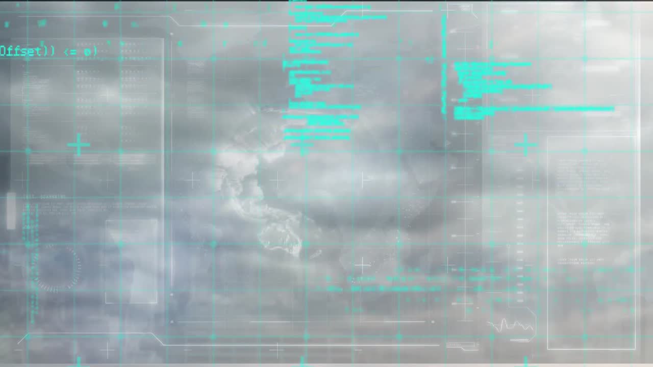 회전하는 지구와 파란 데이터 처리 인터페이스의 애니메이션