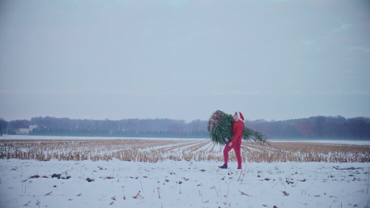 Man carrying Christmas tree while walking on snow covered landscape