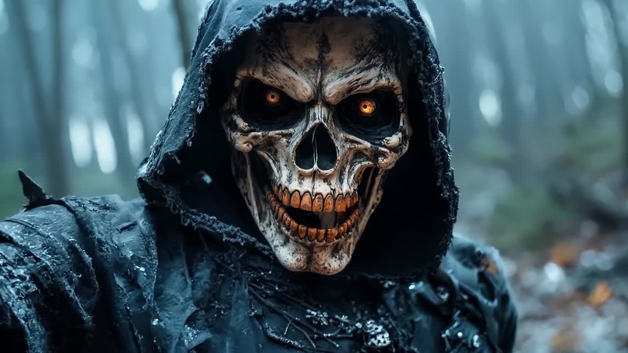 A man in a hooded hooded robe holding a knife in the woods