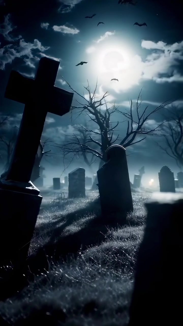 Cimitero inquietante di notte con luna piena, pipistrelli in volo e nebbia