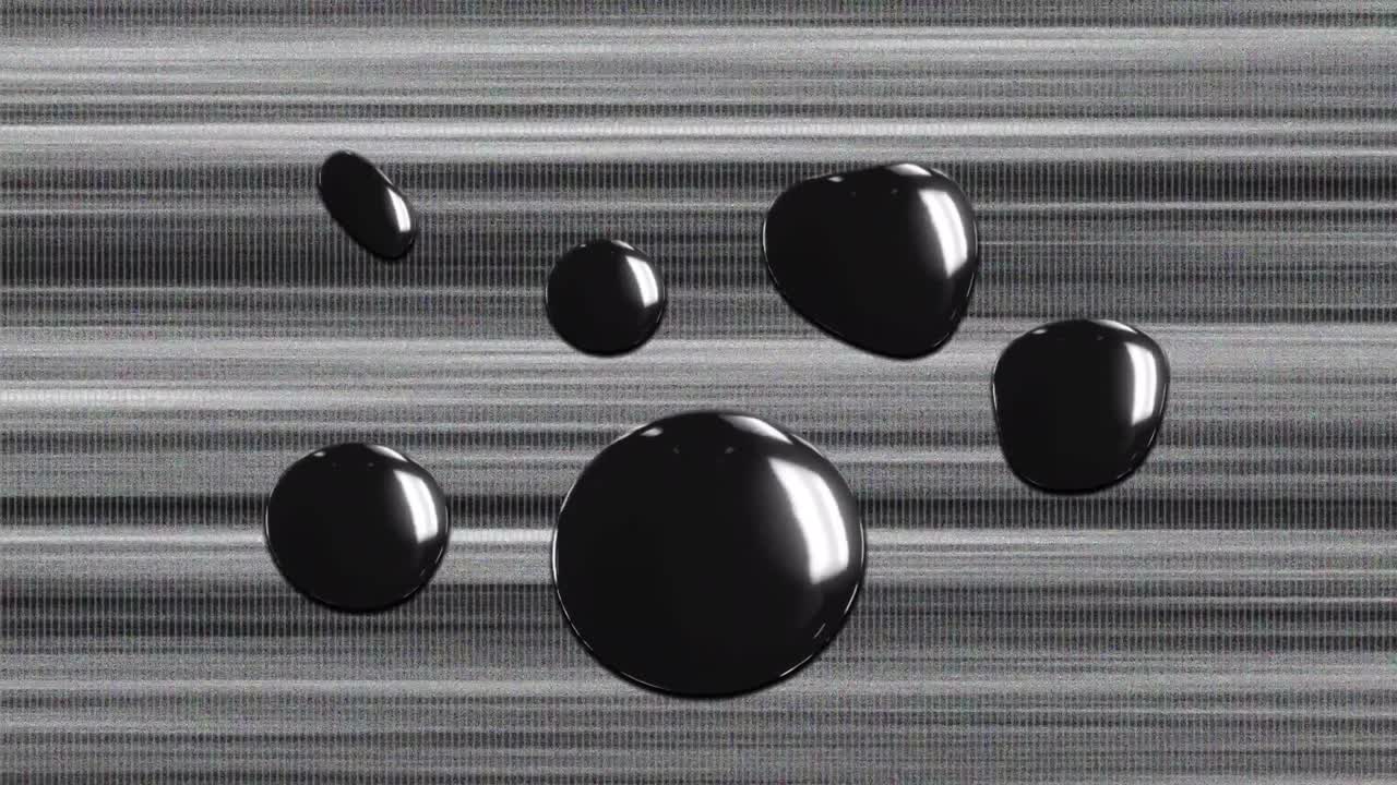 Animazione di forme nere lucide che fluttuano su linee grigie in movimento.
