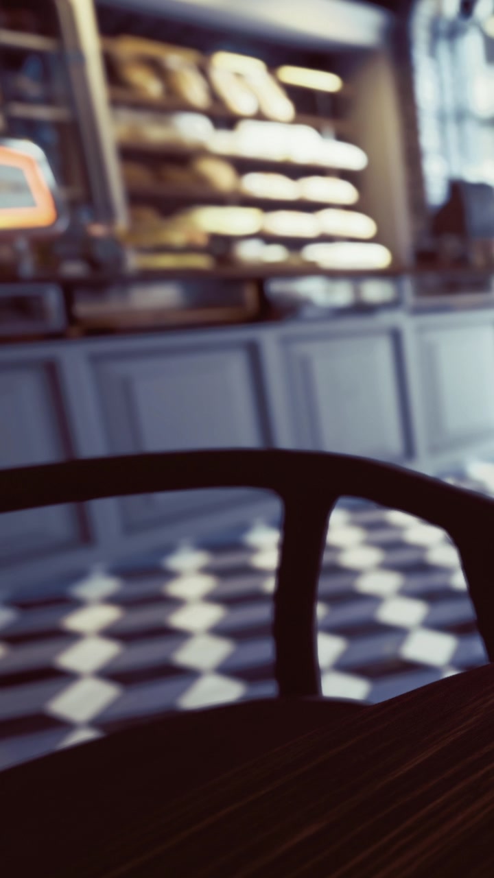 Interno di caffetteria con sedia vuota e vetrina espositiva durante le ore mattutine.
