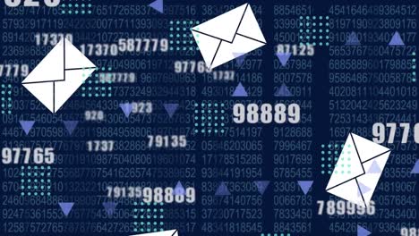 animation of data processing and numbers over email envelope icons