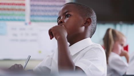 Pensativo-Alumno-De-Escuela-Primaria-Masculino-Vistiendo-Uniforme-Trabajando-En-El-Escritorio