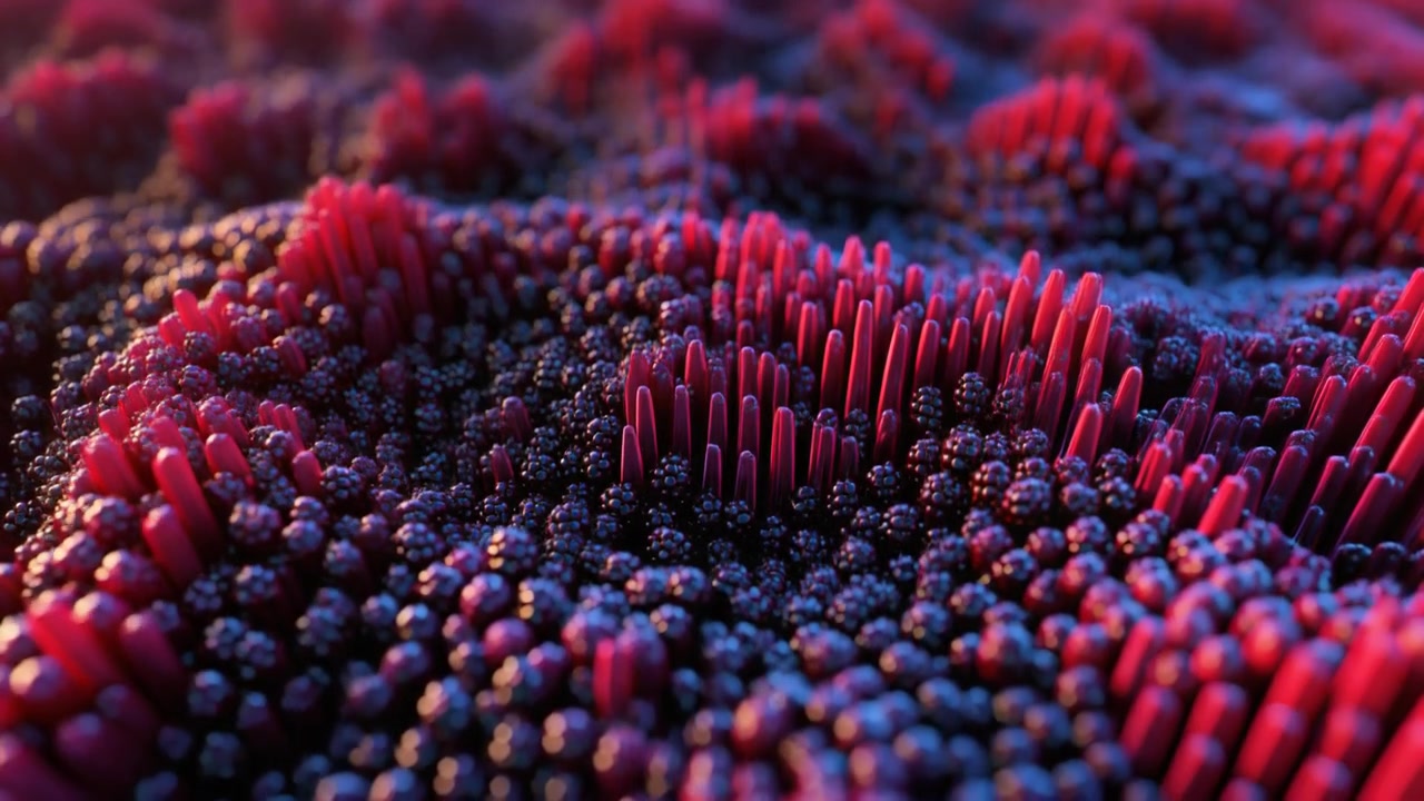 Animazione 3D astratta di strutture organiche pulsanti rosse e blu