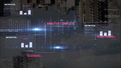 animation of graphs, texts, loading bars and computer language, modern buildings against cloudy sky