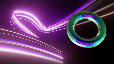 animación de una forma multicolor en 3d sobre rastros de luz púrpura de neón sobre fondo negro