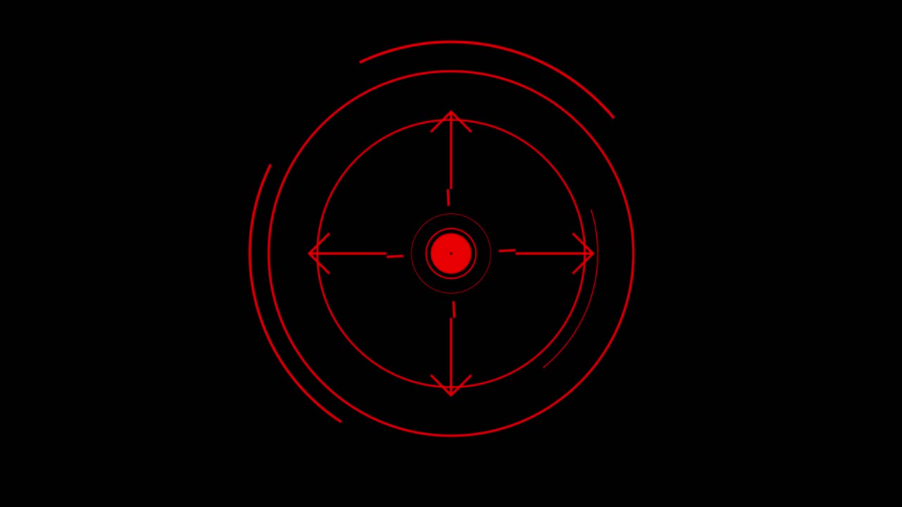 Animated heads-up display element with red circles, rotating arcs, and compass arrows. Seamless loop for navigation, technology, or sci-fi interface. Isolated on black background for overlay