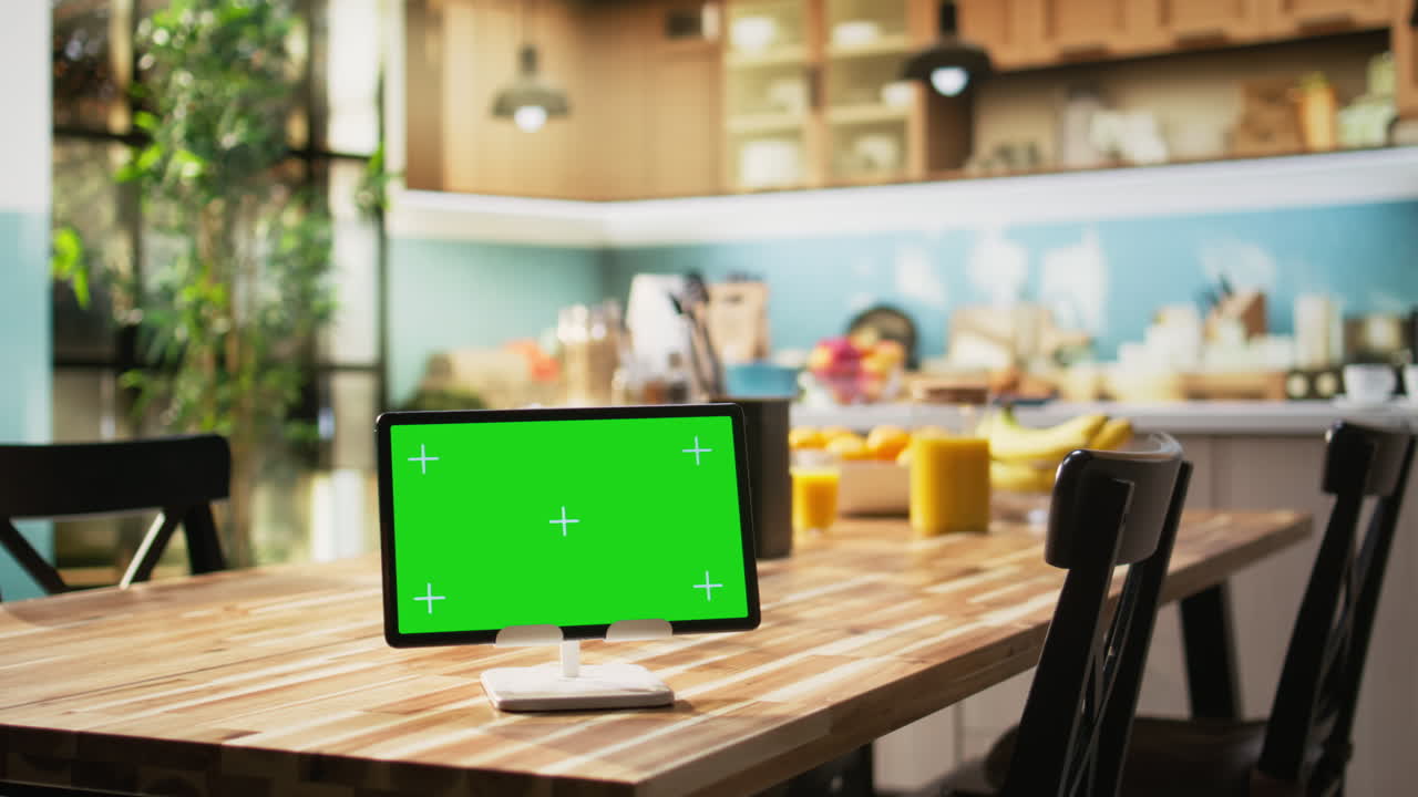 Green screen on laptop in the kitchen with rustic counter and elegant lighting