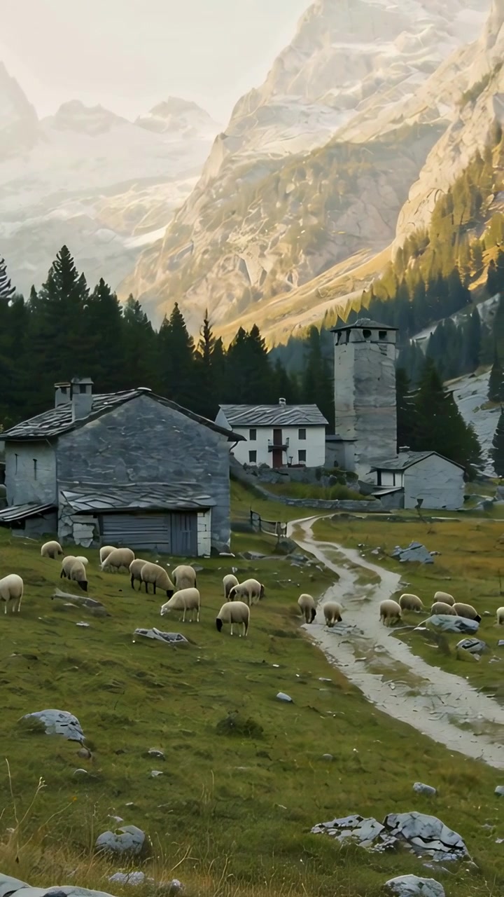 Pionowe wideo: Panoramowanie kamery na pasterza w kapeluszu i kamizelce, idącego doglądać stada w pobliżu kamiennych stodół.