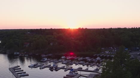 aerial view of a marina at sunset