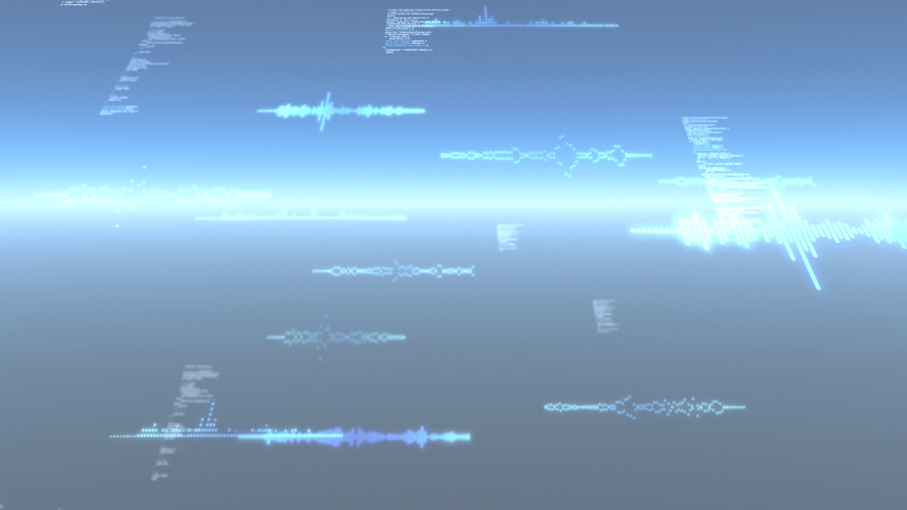 Animation of data processing and particles recording on glowing blue background