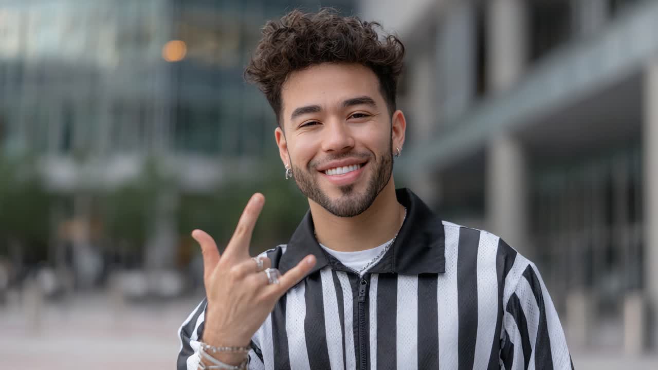 Un giovane allegro con capelli ricci e una giacca a righe fa un gesto giocoso con la mano mentre sorride con sicurezza contro uno sfondo urbano moderno.