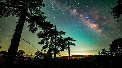 Timelapse,-Colorida-Vía-Láctea-Moviéndose-Sobre-Las-Montañas-Y-Las-Estrellas-De-Las-Tiendas-De-árboles-En-El-Cielo-Nocturno