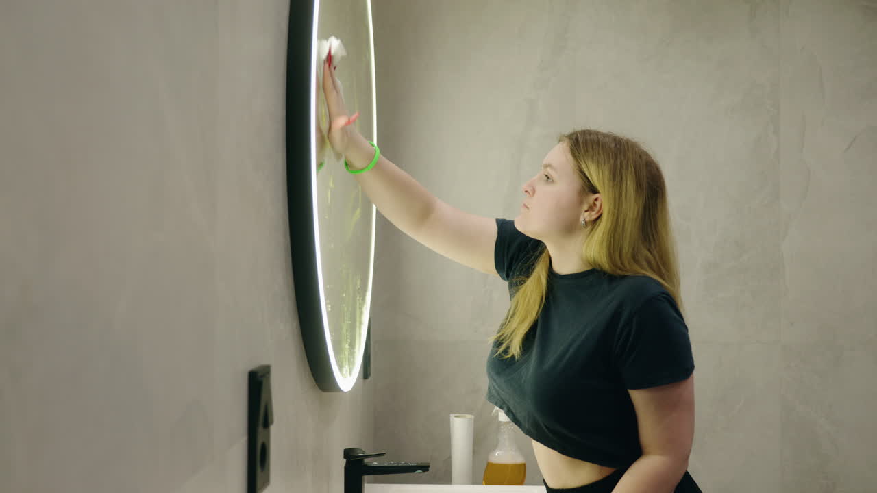 Woman cleaning a bathroom mirror