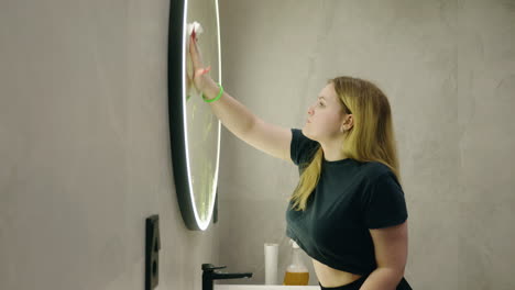 woman cleaning a bathroom mirror