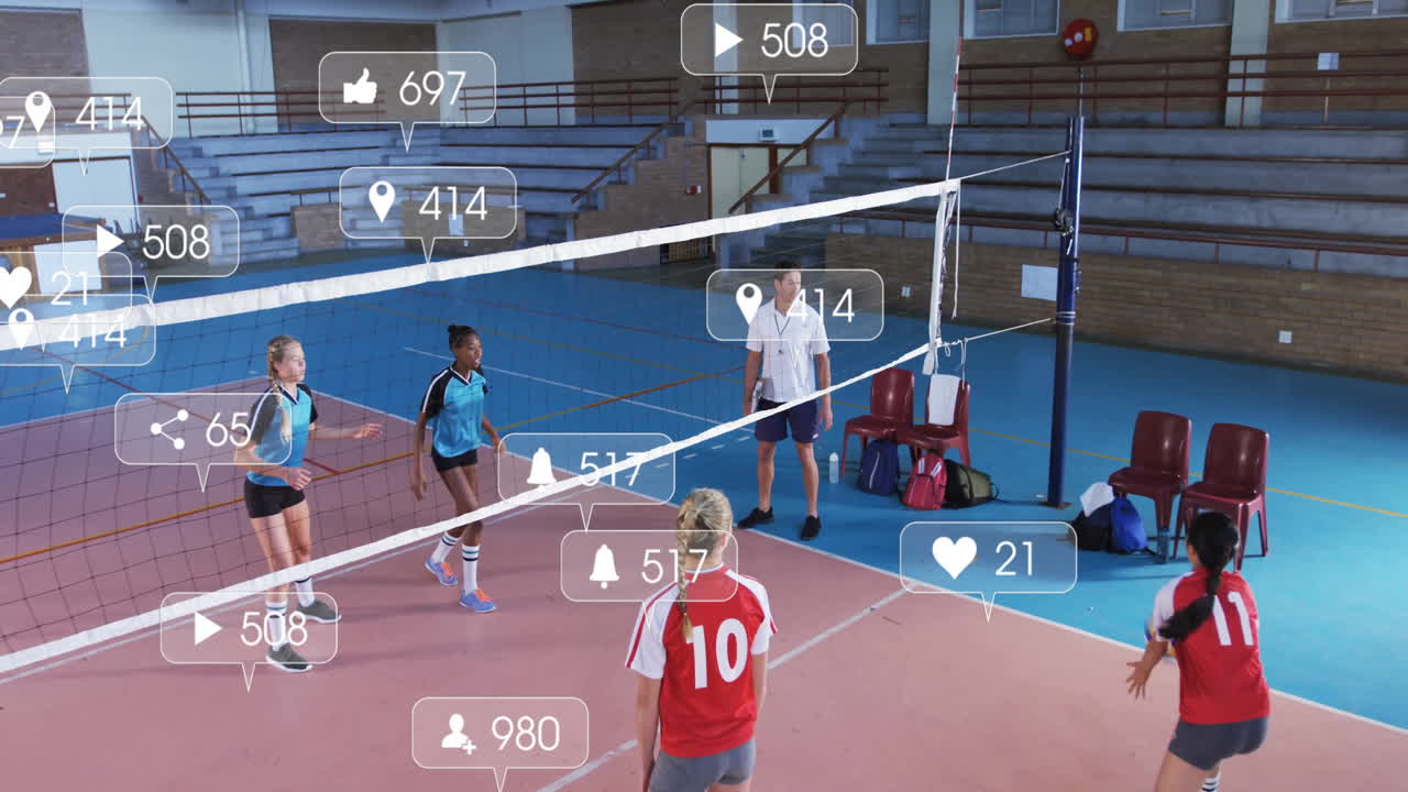 In school gym, volleyball players interacting with animation of social media icons