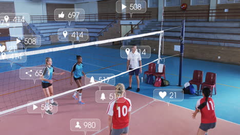 in school gym, volleyball players interacting with animation of social media icons