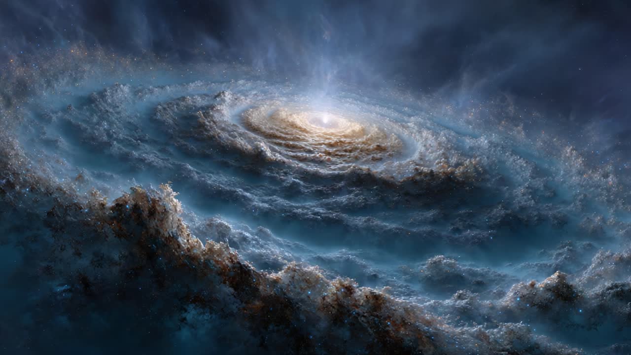 Fantastisk kosmisk spiralformation: En majestætisk udsigt over den tågede struktur omgivet af æteriske skyer og himmelsk lys, der fanger universets enorme omfang