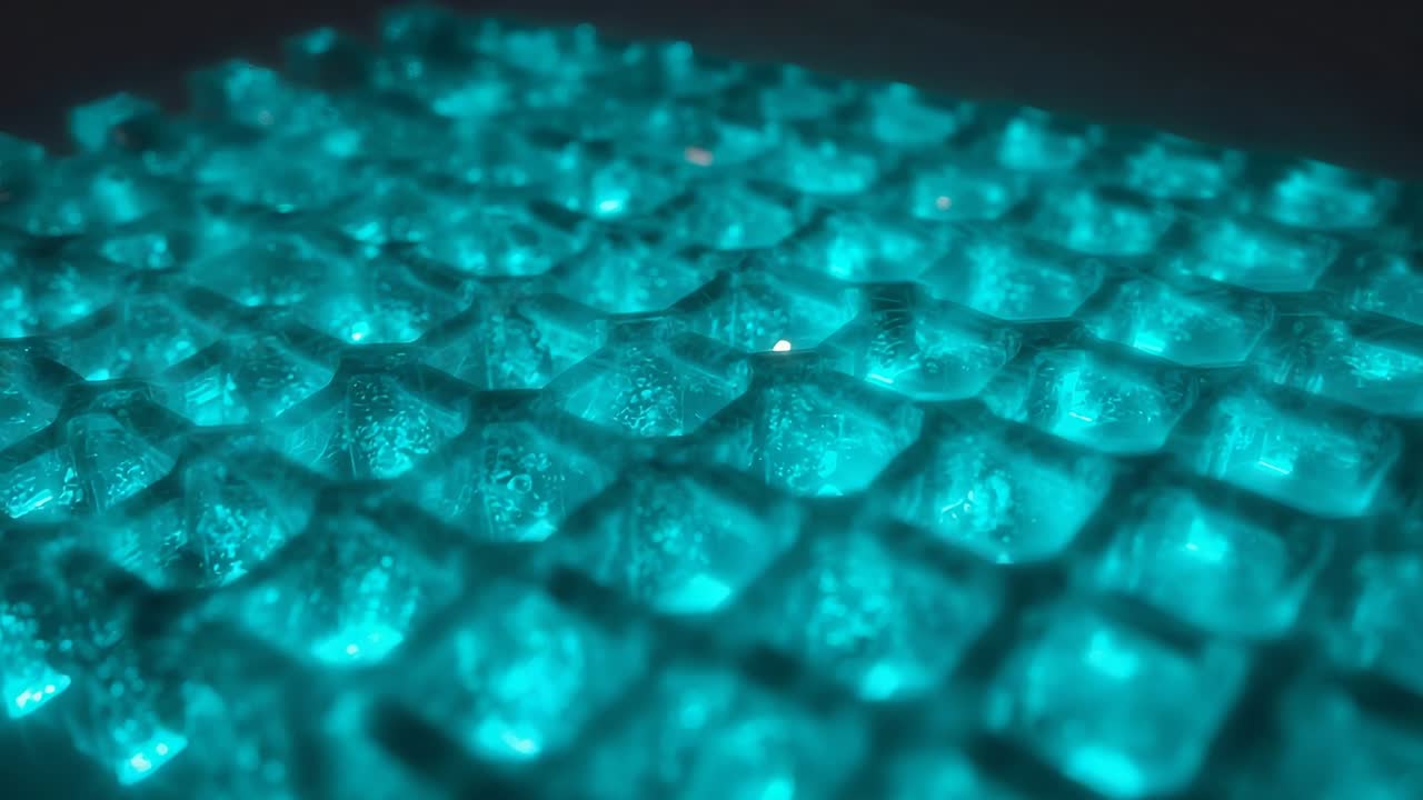 Telecamera di monitoraggio che rivela un pannello a griglia cristallina luminosa in uno studio buio, che mostra bolle e scintille