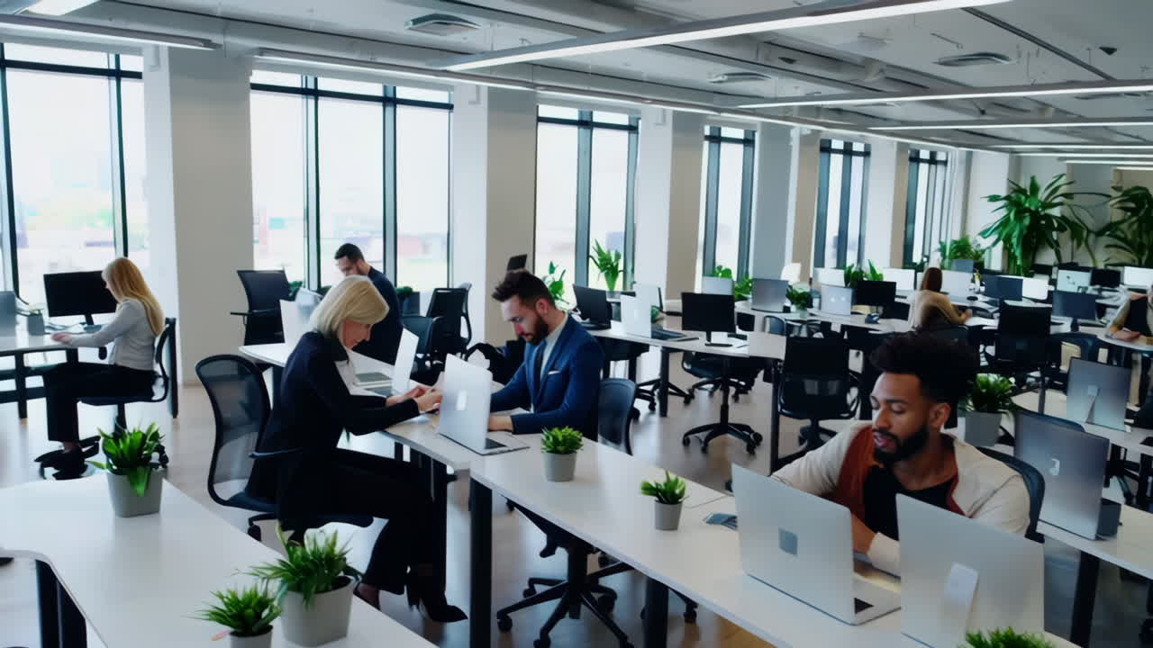 People working in a modern open-plan office environment