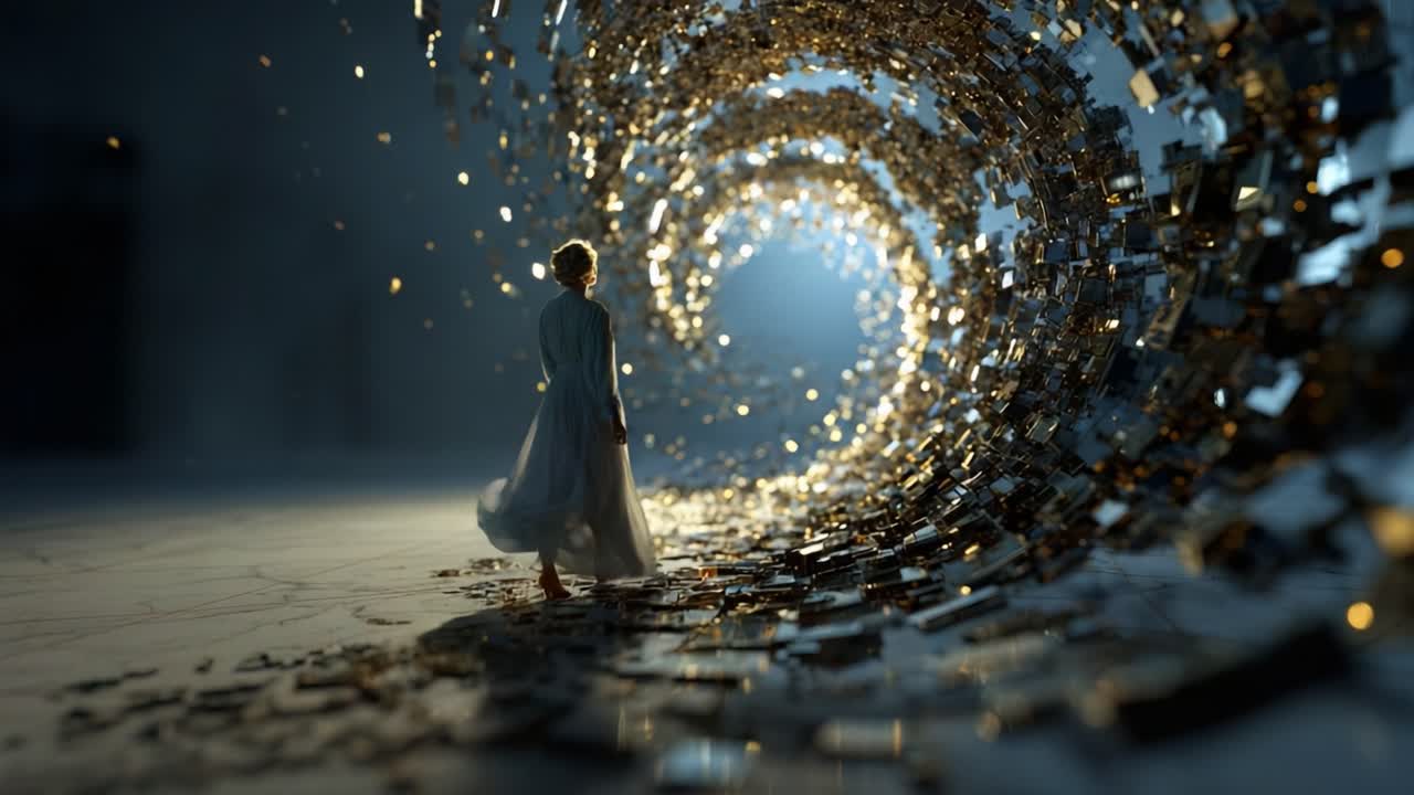 A Woman Enveloped in a Mesmerizing Golden Spiral: An Artistic Exploration of Motion, Light, and Reflection Set in an Ethereal Environment